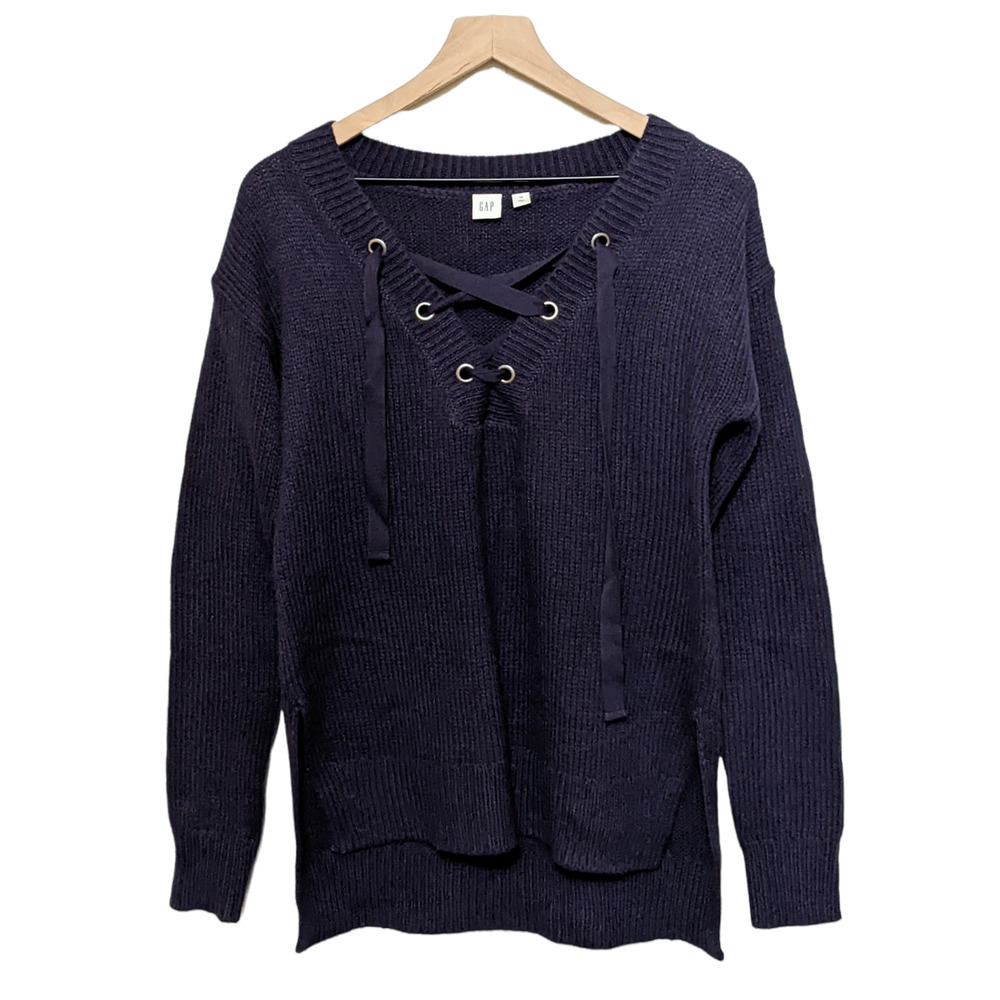 Gap XS Navy Blue Long Sleeve Lace Up Front Sweater Pullover Women's Side Slits